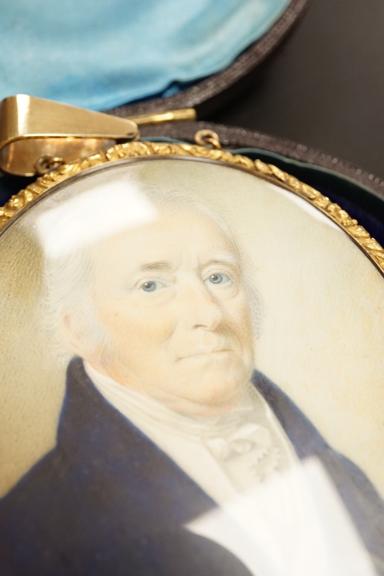 Manner of Thomas Richmond (1771-1837), Portrait miniature on ivory, Portrait of Francis Robinson, with hair work and seed pearls verso, housed in a gilt metal case, 11cm high. CITES Submission reference EF4KBE7V